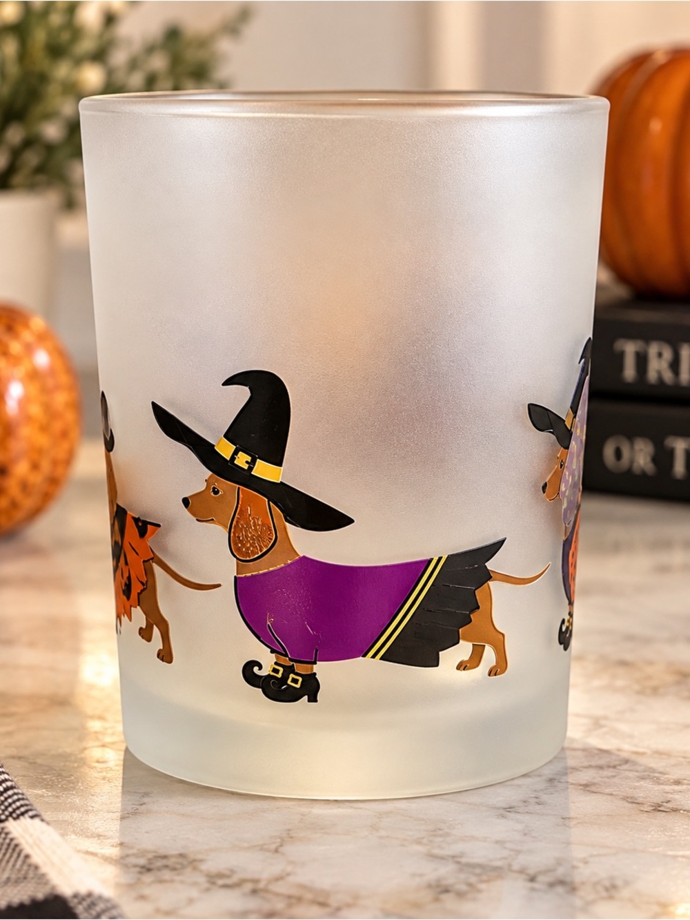 Culver Halloween Dachshund Witch Frosted Glass Tumbler Lowball 4”